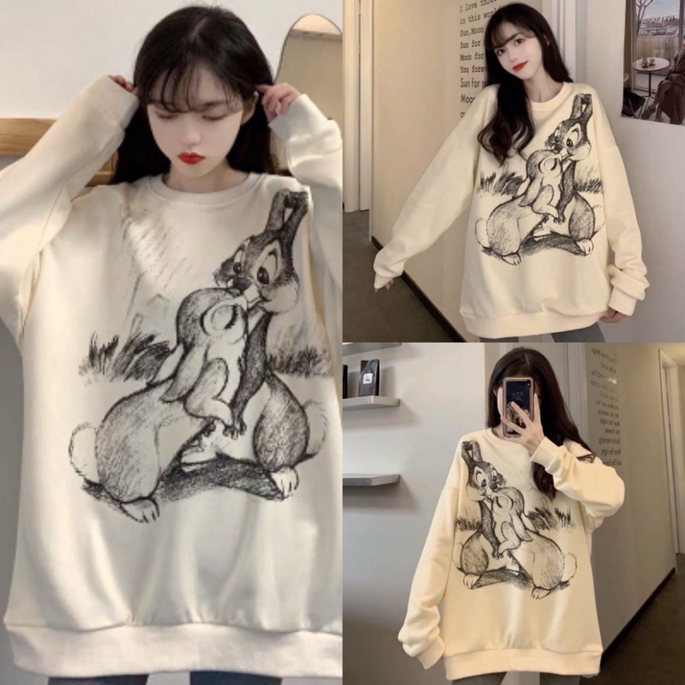 Áo Sweater Nỉ Hình Đôi Thỏ dưới 68kg - In Hình Cute 2 Màu G041