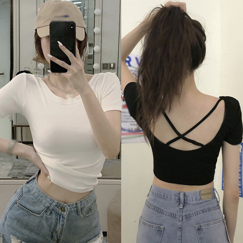 Áo thun croptop tay ngắn màu trơn thiết kế khoét lưng phong cách Hàn Quốc cho nữ