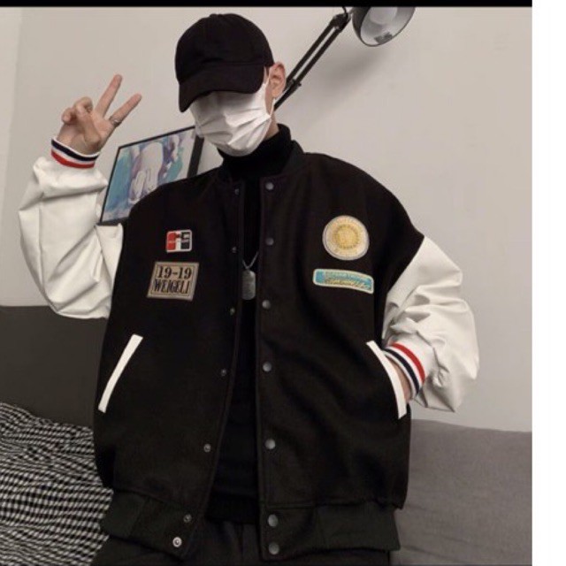 [CÓ CLIP ÁO]  ÁO BOMBER- ÁO VARSITY TAY DA MÀU ĐEN CHẤT DẠ ÉP | BigBuy360 - bigbuy360.vn