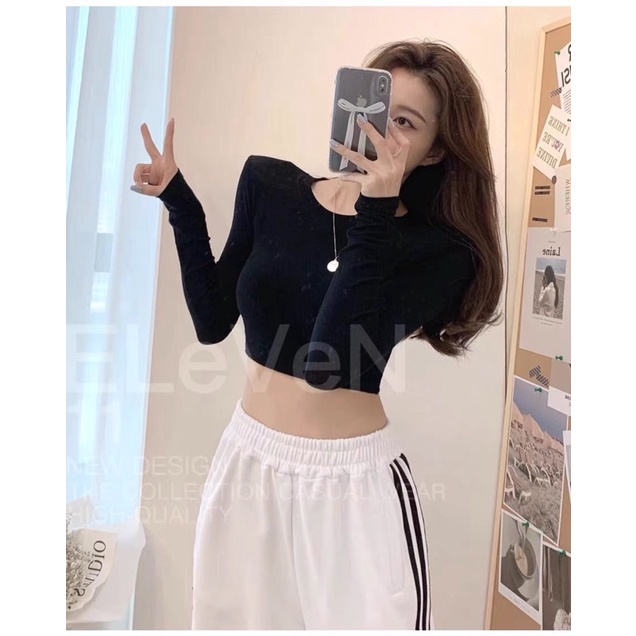 ( Ảnh thật ) 1127 Áo croptop cổ tròn tay dài