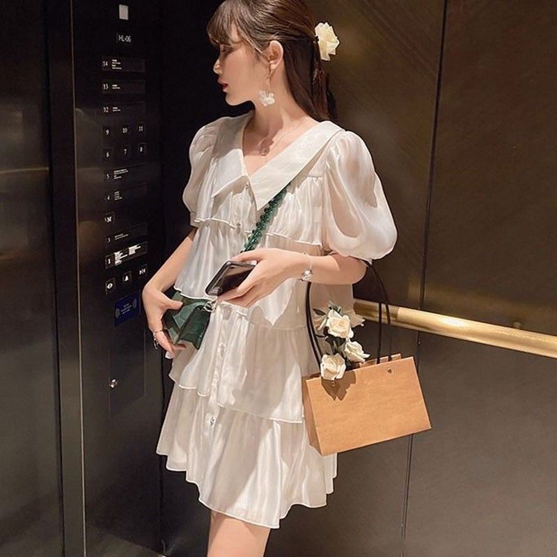 🌼(Taobao) Đầm babydoll Moe Moe cổ sen xếp tầng tay bồng đáng yêu chứ choẹ voan tơ cực xinh