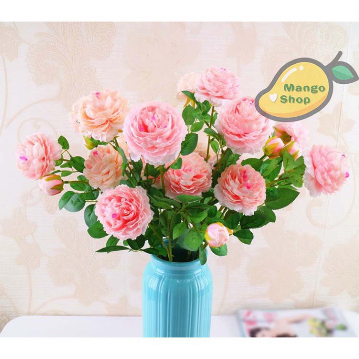 Cành hoa mẫu đơn 3 bông xinh xắn decor chụp ảnh ( hoa hồng lụa hoa giả )