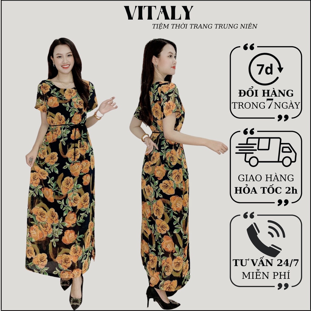 Đầm Trung Niên Sang Trọng Cao Cấp VITALY,Váy Lụa Nữ Cho Mẹ Đẹp Đi Chơi Dự Tiệc Du Lịch Dáng Dài Suông 30,40,50 Tuổi V07
