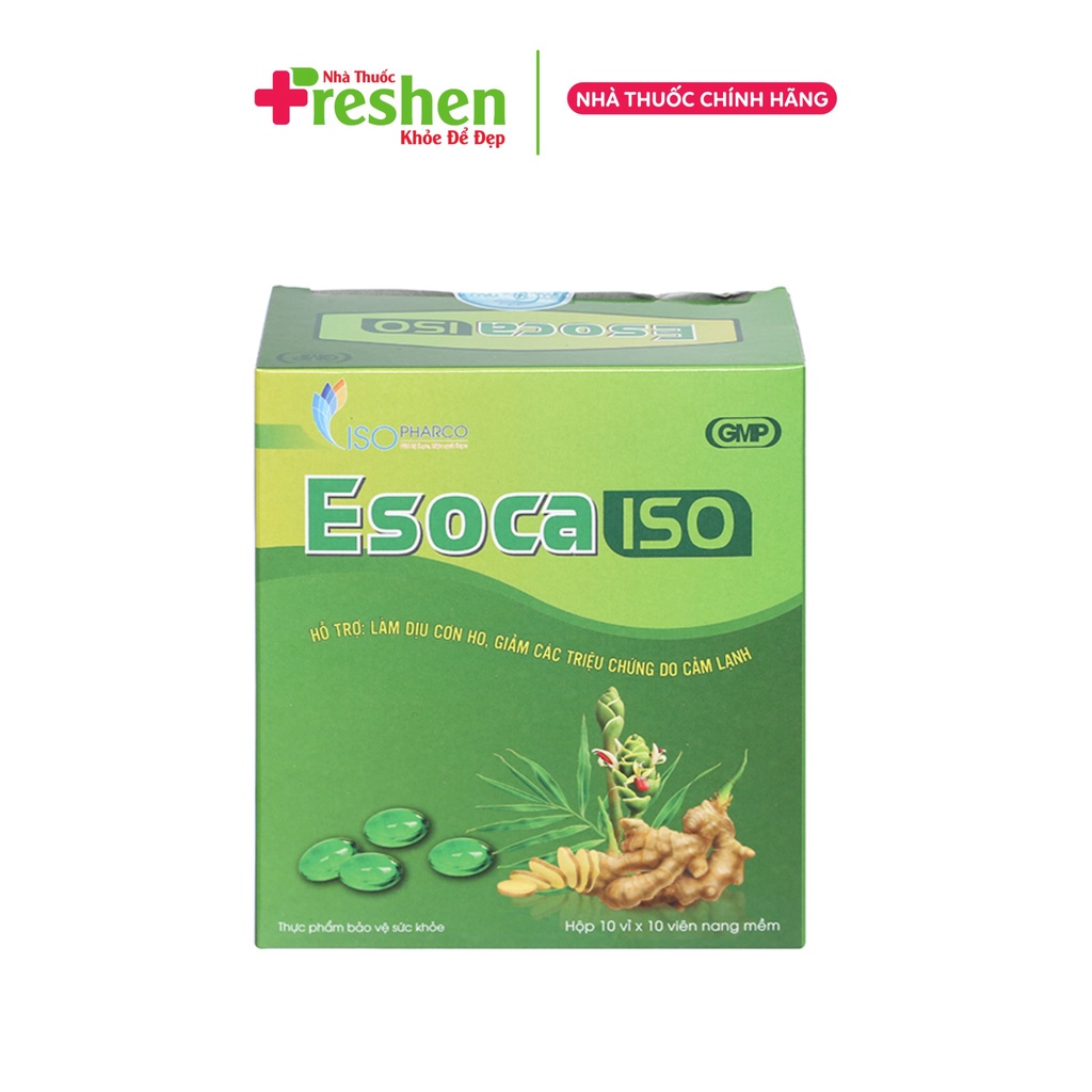 Viên uống hỗ trợ giảm ho, cảm lạnh, đau họng Esoca plus ISO - Hộp 100 viên nang mềm
