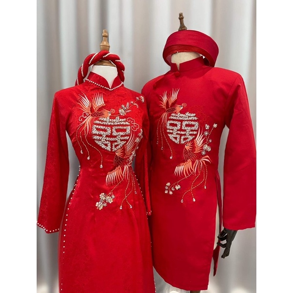 Cặp áo dài cưới nam nữ thêu chim kết hỉ