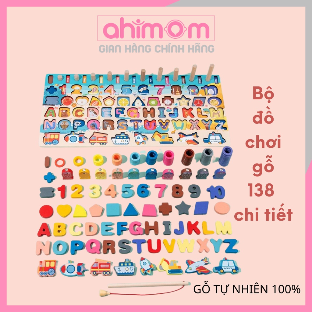 Đồ chơi cho bé - Bộ bảng gỗ câu cá ghép hình chữ số chữ cái phương tiện 138 chi tiết - Ahimom