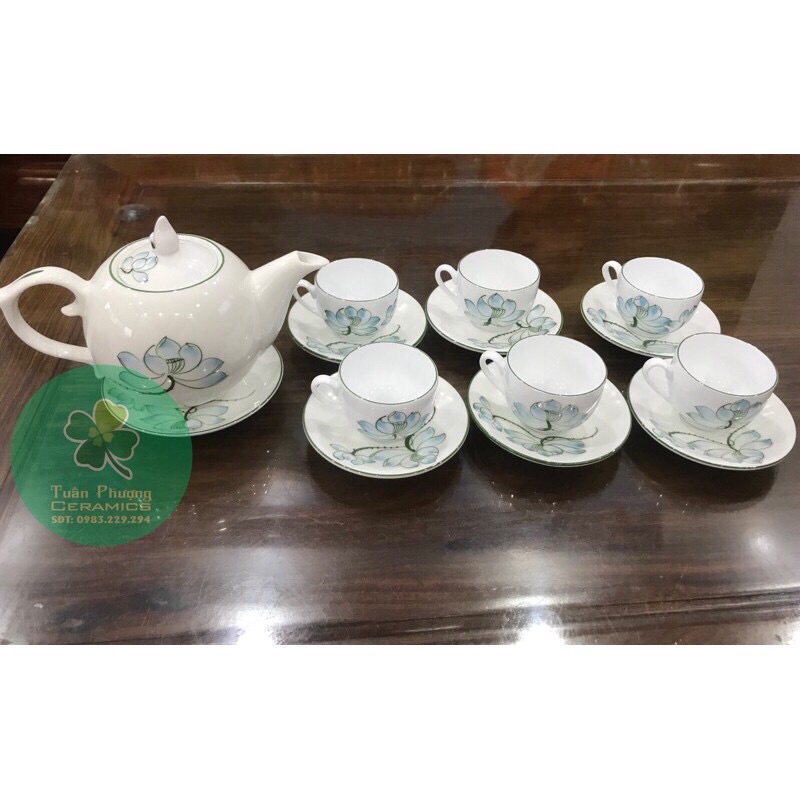 Lẻ chén, đĩa, ấm trà vẽ sen men trơn