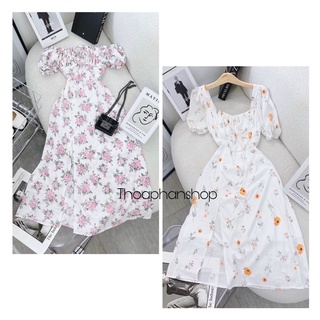 Đầm midi hoa nhí tay ngắn nhíu ngực hai màu