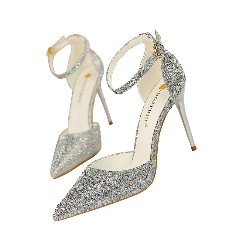 BIGTREE Chính Hãng Giày Cao Gót 10cm Mũi Nhọn Miệng Nông Đính Đá Lấp Lánh Phong Cách Hàn Quốc Cho Nữ  Mall-283-16