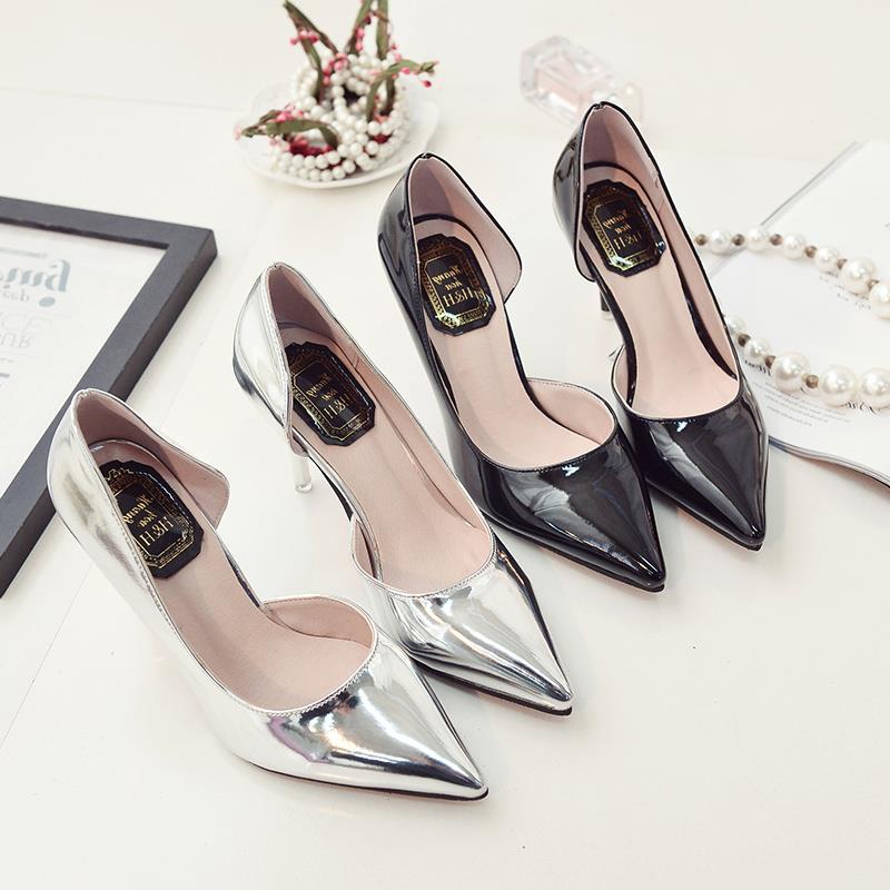 [Pride] The Same Style Of Celebrity Shoes Silver Pointed High Heels Xia Jin Silver Mid-Heel Stiletto Heel Is Thin All-Ma