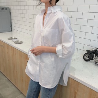[ order] sơ mi trắng form rộng xẻ vạt
