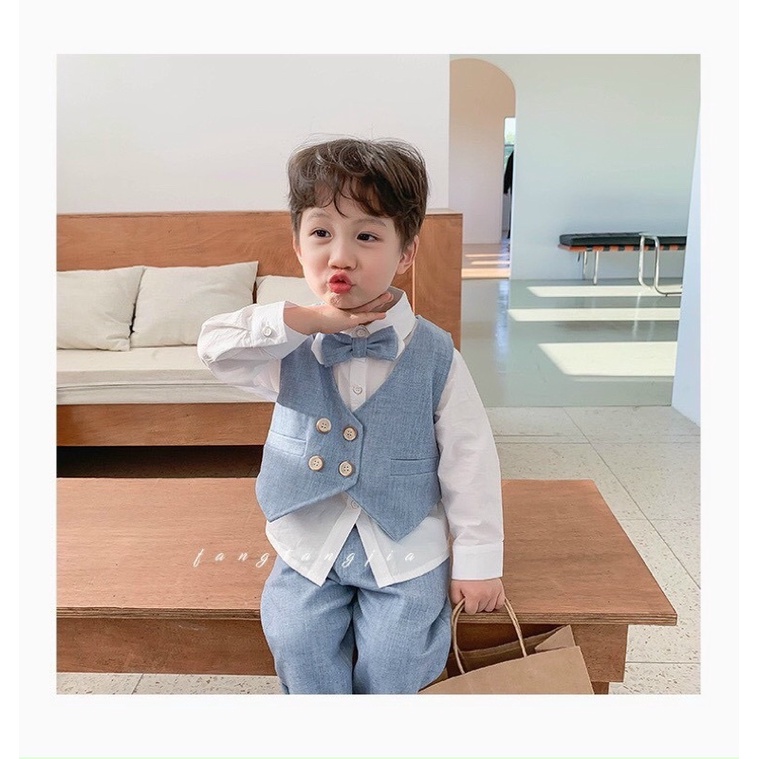 Set áo sơ mi dài tay kèm quần và áo ghile cho bé trai🐶Set vest cho bé