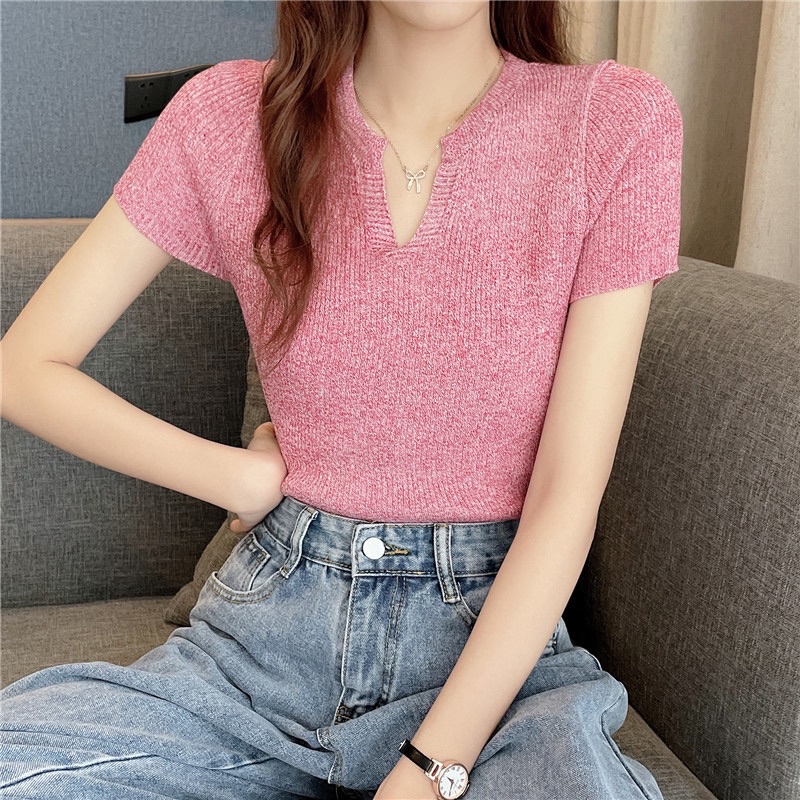 Áo croptop len tăm dệt kim nữ tay ngắn cổ v polo phong cách Hàn Quốc New Arival