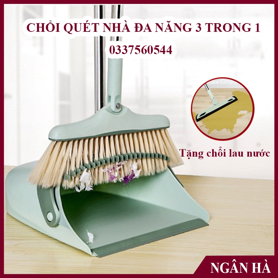 Chổi Quét Nhà Thông Minh 3 in 1 Chổi Nhựa + Gầu Hót Rác + Chổi đẩy nước Gấp Gọn [XOAY 180, LỌC LÔNG TÓC]