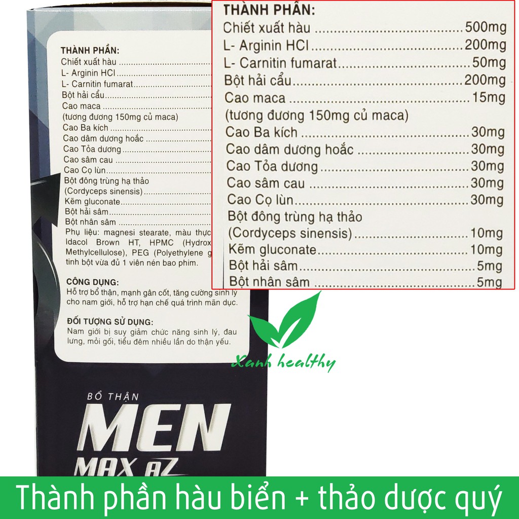 Bổ thận nam MEN MAX AZ- Thành phần từ Hàu biển, ba kích, tỏa dương giúp tăng cường sinh lý nam giới hiệu quả- hộp 30 vên