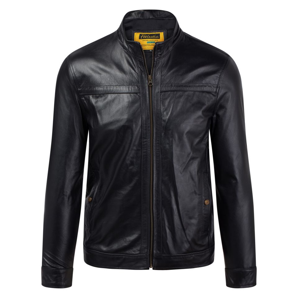 Áo da nam Ftt Leather Racer Jacket viền ngang ngực 100% da bò, da cừu cao cấp màu đen AD204B