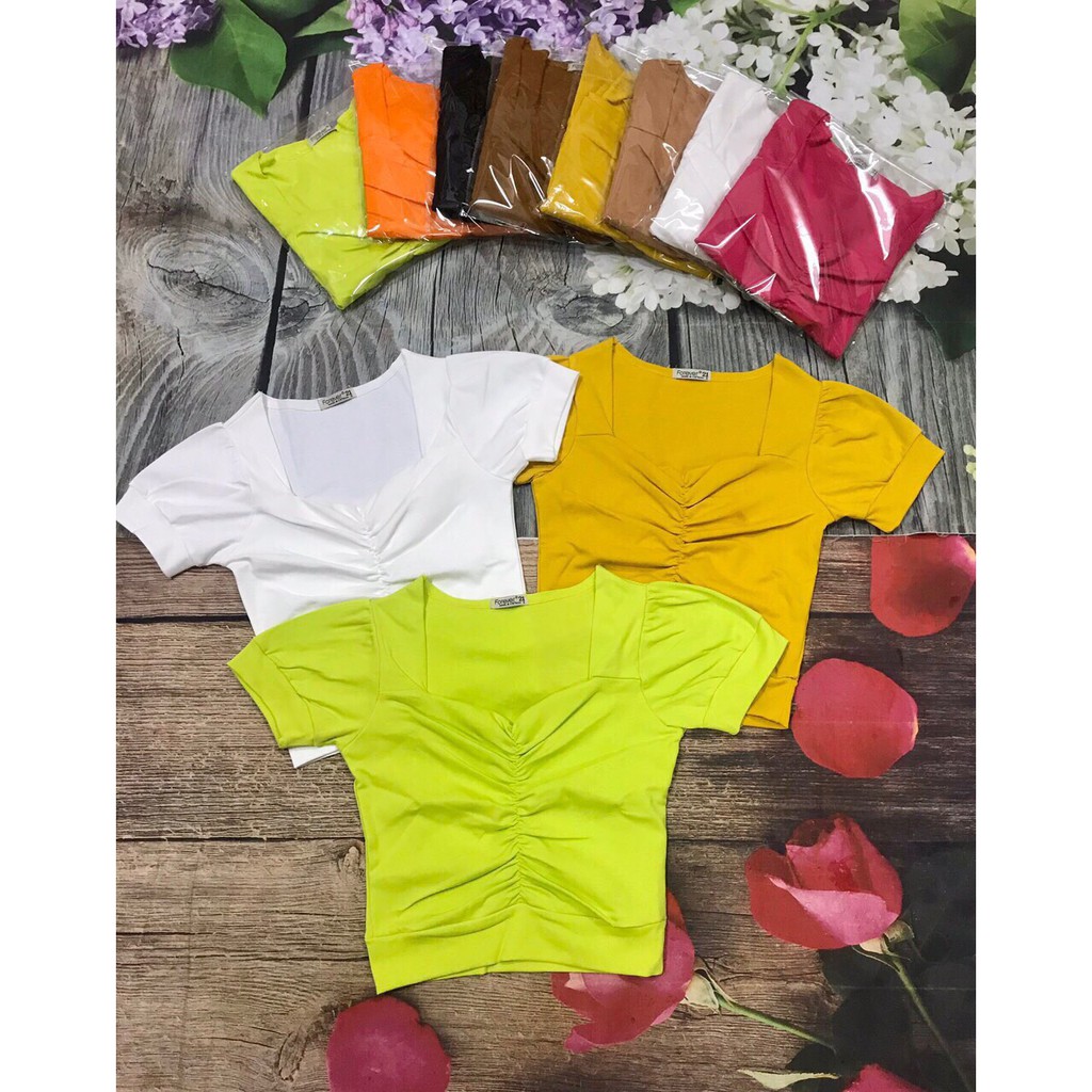 Áo croptop nhún giữa tay ngắn Chất thun porip thái xịn xò (kèmảnhthật)