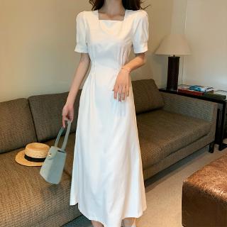 Đầm trắng dáng dài cổ vuông tay bồng chiết eo phong cách thời trang pháp
