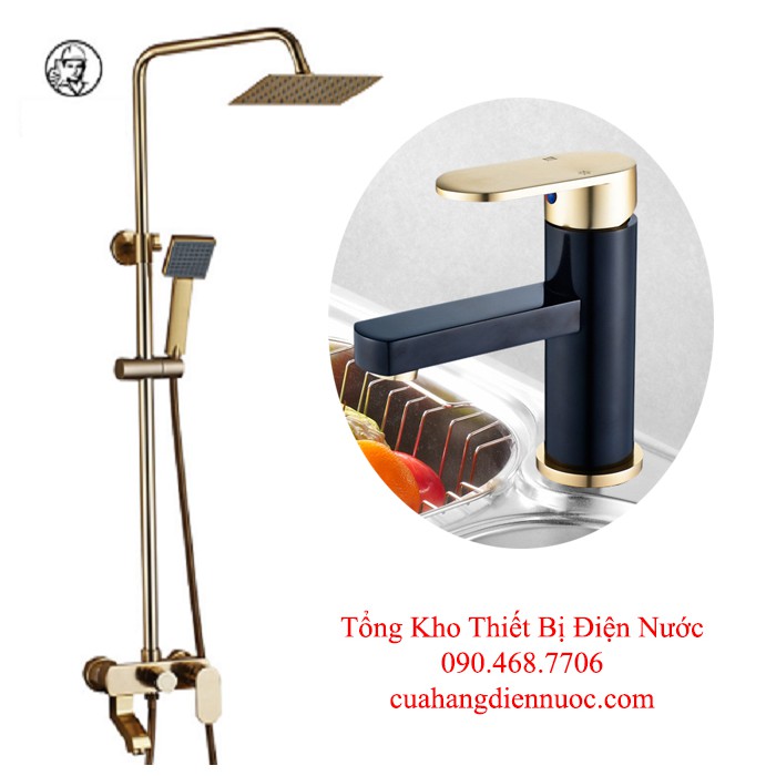 Combo bộ sen cây vàng ánh kim kèm vòi chậu lavabo đính đá cao cấp