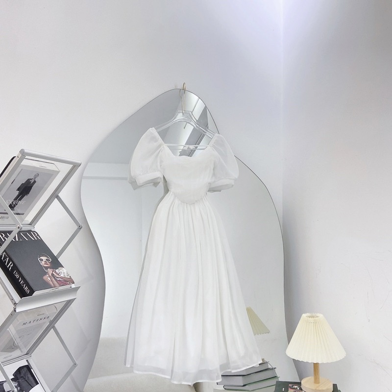 ĐẦM MIDI TRẮNG CỔ V DÂY NGANG NGỰC ✨