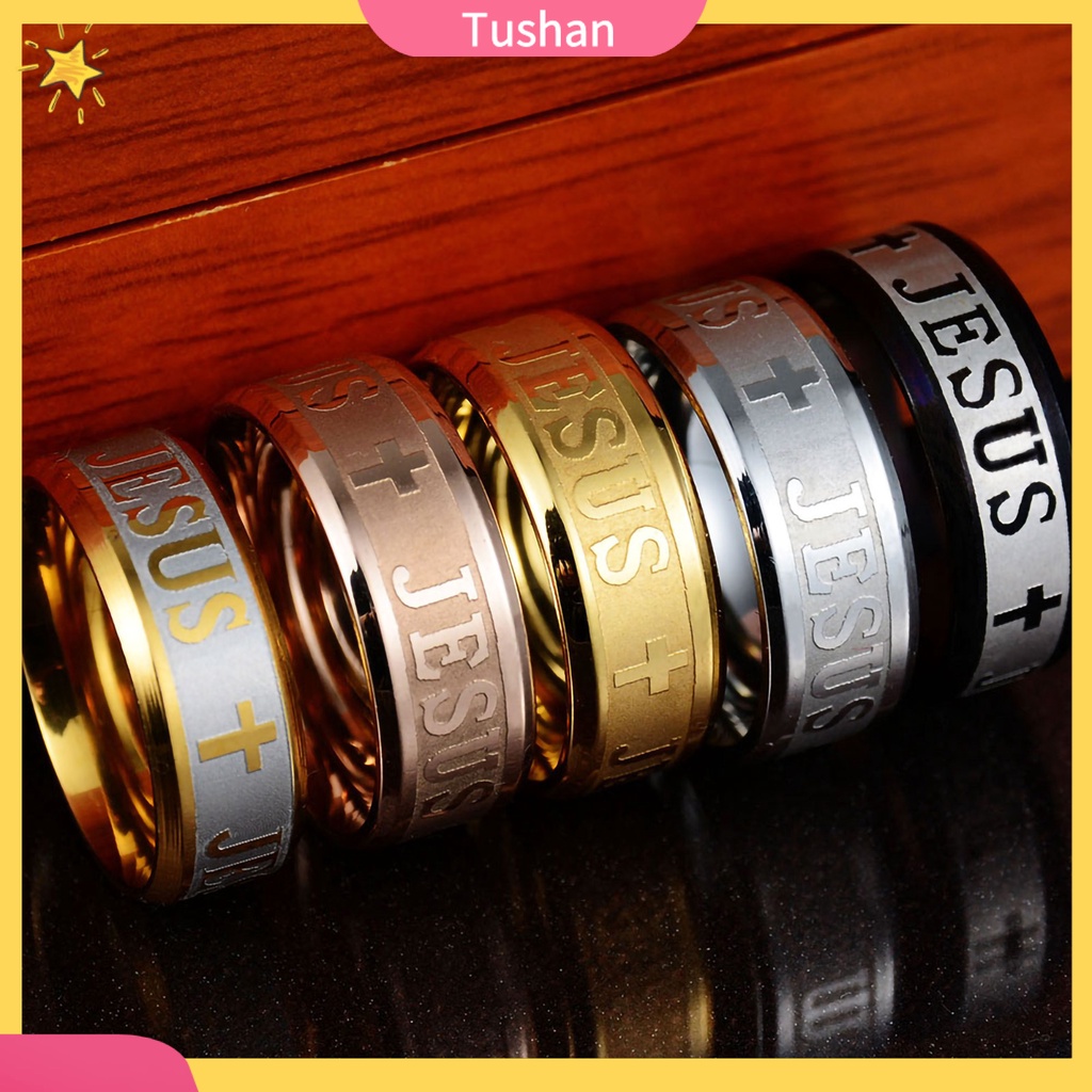 Nhẫn thép không gỉ họa tiết khắc thập giá và chữ Jesus độc đáo thời trang