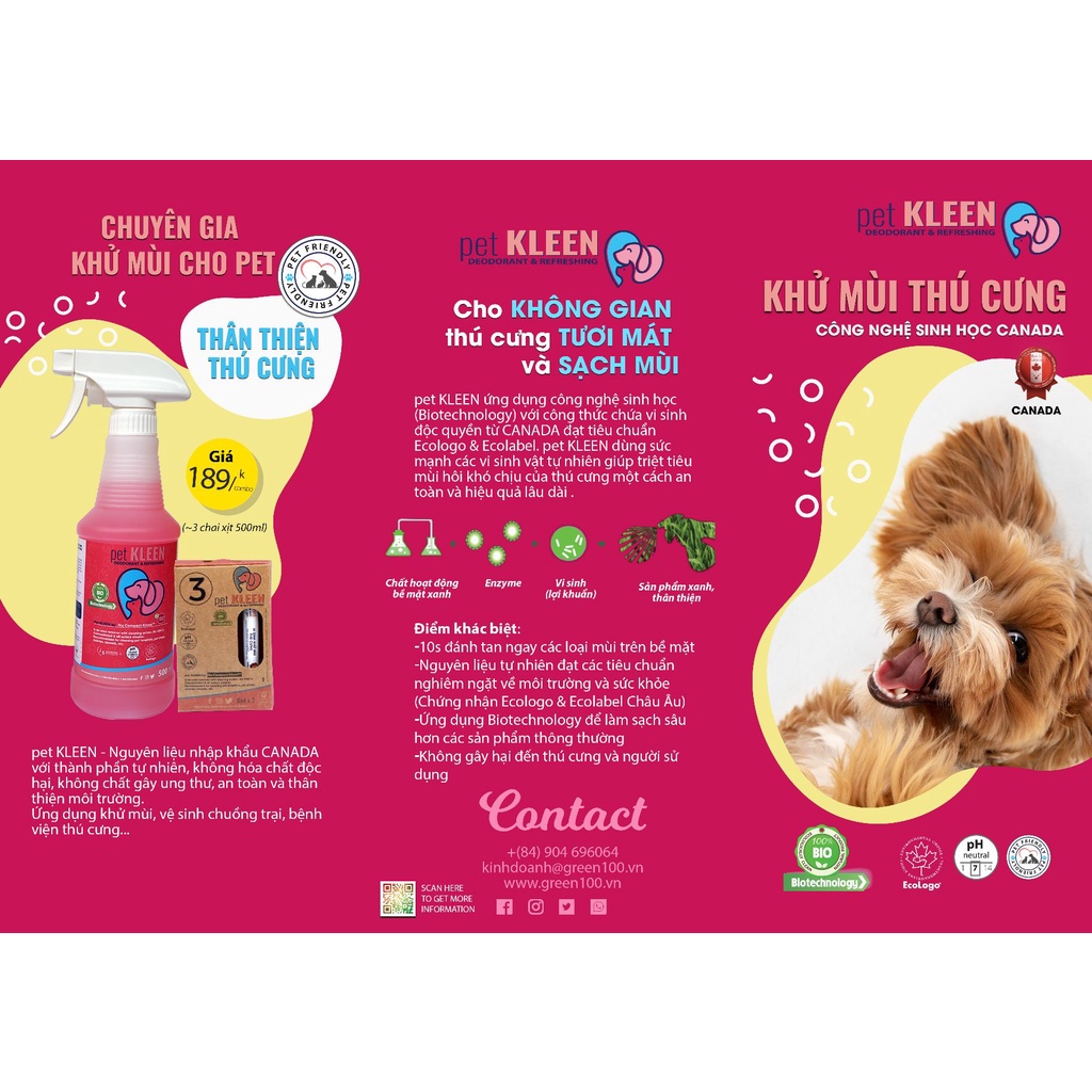 Pet Kleen khử mùi hiệu quả tức thì, khử mùi phân, nước tiểu của chó mèo,khử mùi thú cưng, cát mèo, chuồng trại,không khí