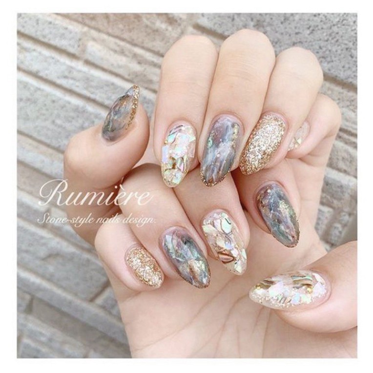 Set 12 hũ xà cừ vân đá ánh cầu vồng - xà cừ nail trang trí móng tay đắp gel ẩn theo phong cách Hàn Nhật