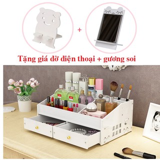 [Tặng giá đỡ điện thoại + gương soi] Kệ đựng mỹ phẩm cỡ lớn 2 ngăn kéo