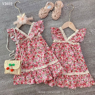 Váy hoa hồng chạy ren cho bé gái