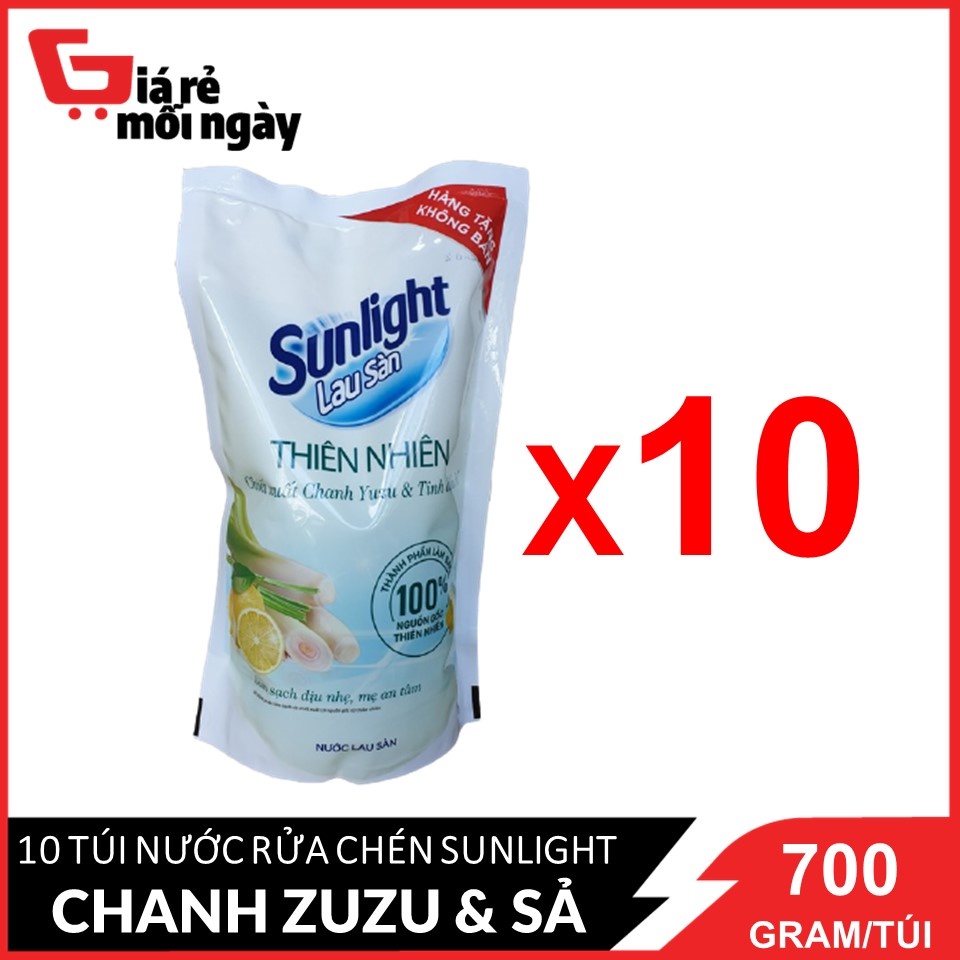 Combo 10 túi Nước lau sàn Sunlight Thiên nhiên chiết xuất Chanh Zuzu &amp; Sả (trắng) túi 700g X10