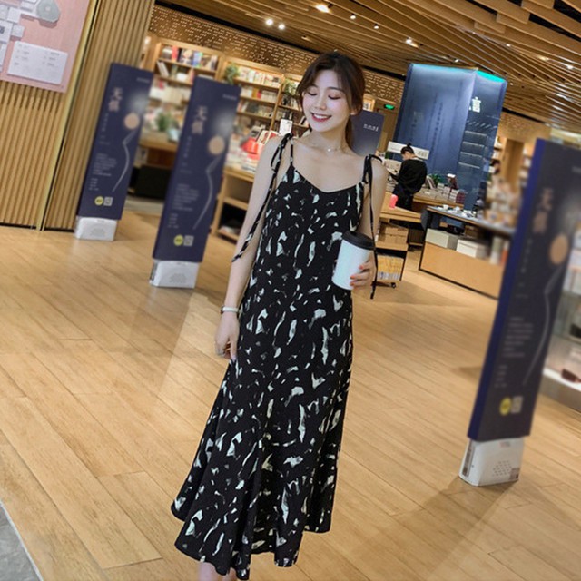 Váy 2 dây dáng suông dài họa tiết phong cách retro Hàn Quốc siêu hot