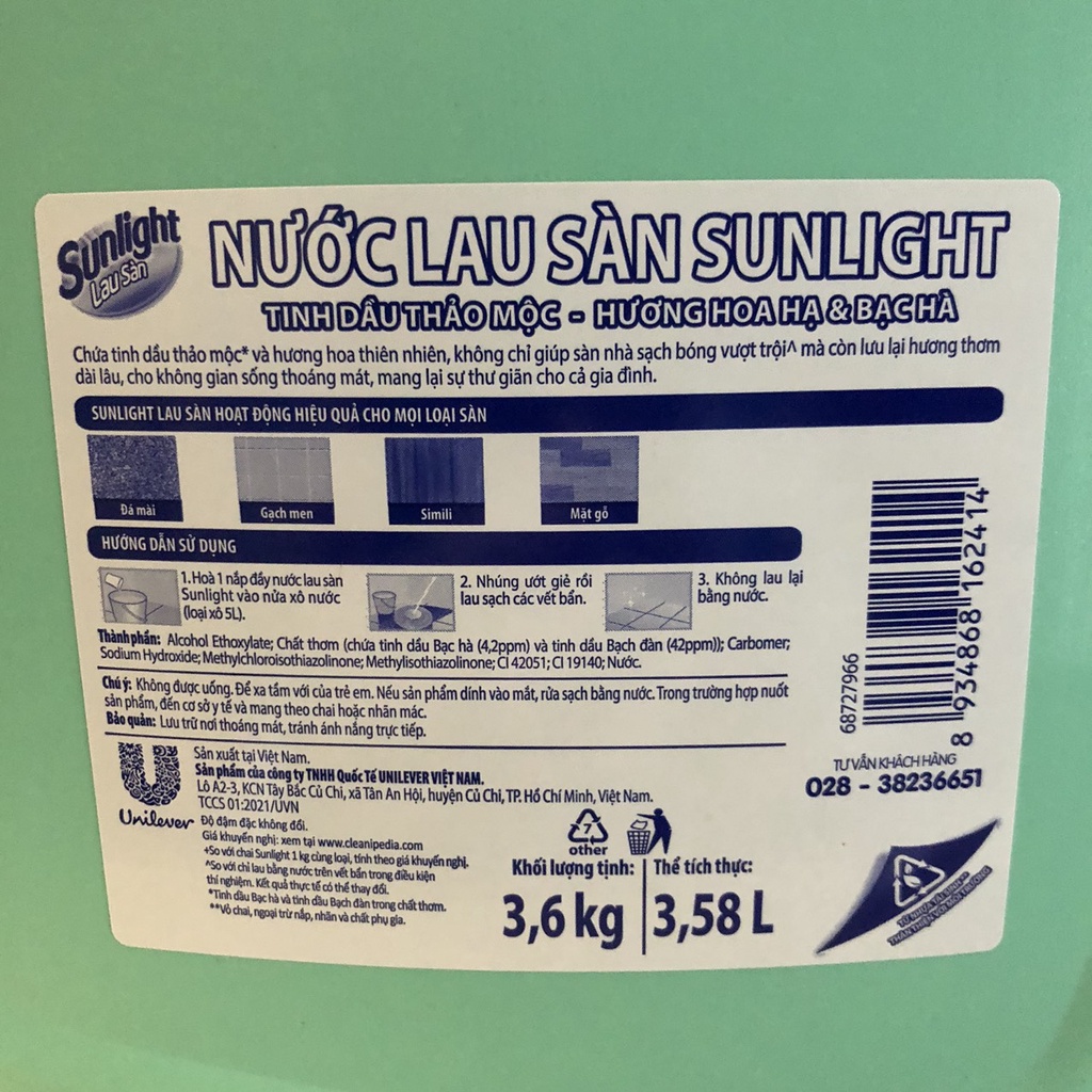 Nước lau sàn Sunlight Hương Hoa Hạ & Bạc Hà/ Hương Lily & Hương Thảo 3,6kg