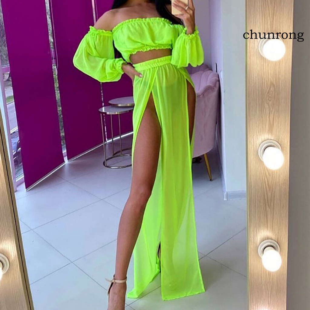 Bộ Trang Phục 2 Mảnh Gồm Áo Hở Vai Và Chân Váy Dài Xẻ Tà Quyến Rũ Thời Trang Đi Biển Cho Nữ