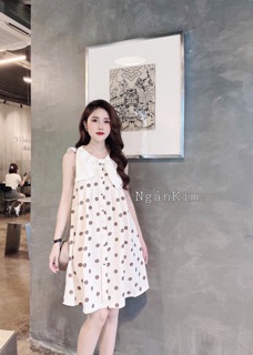 váy chấm bi cổ nơ trắng