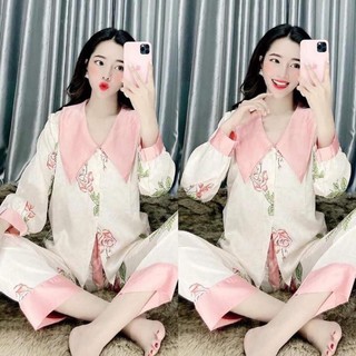 Bộ Pijama lụa satin cao cấp Hồng hoa