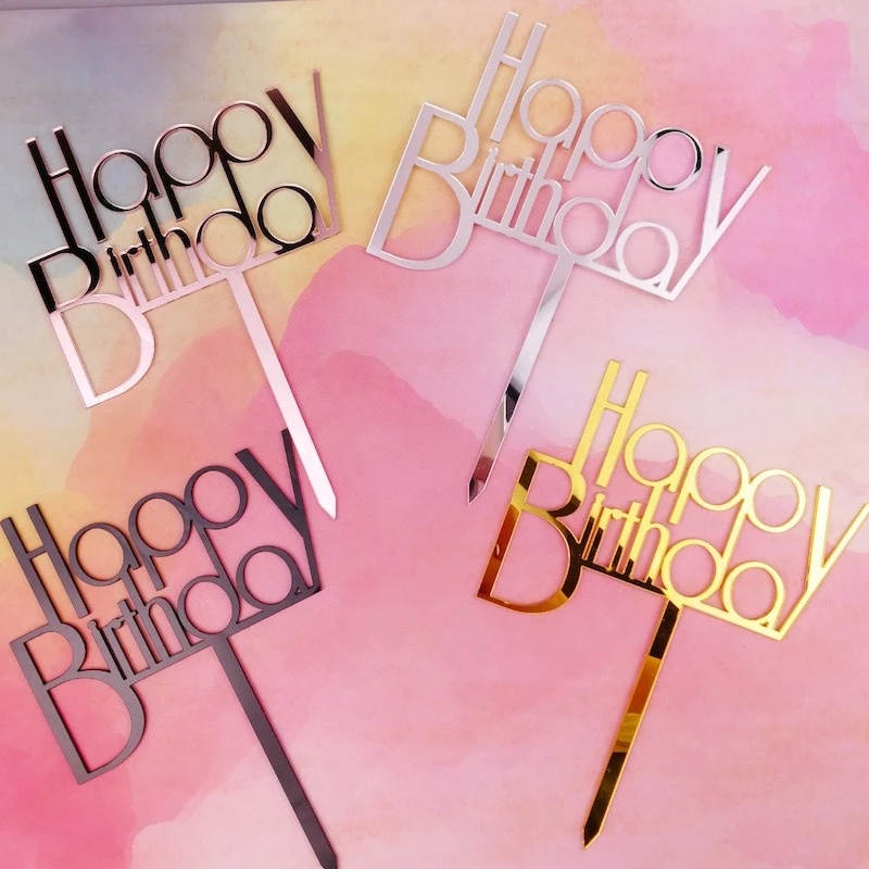 Phụ Kiện Cắm Trang Trí Bánh Kem Sinh Nhật Bằng Acrylic Hình Chữ Happy Birthday Màu Vàng/Bạc/Đen Cổ Điển