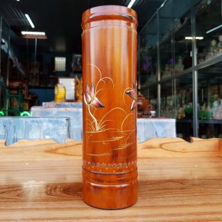 Ống nhang gỗ tràm bông vàng cẩn cao 32 cm màu nâu đỏ