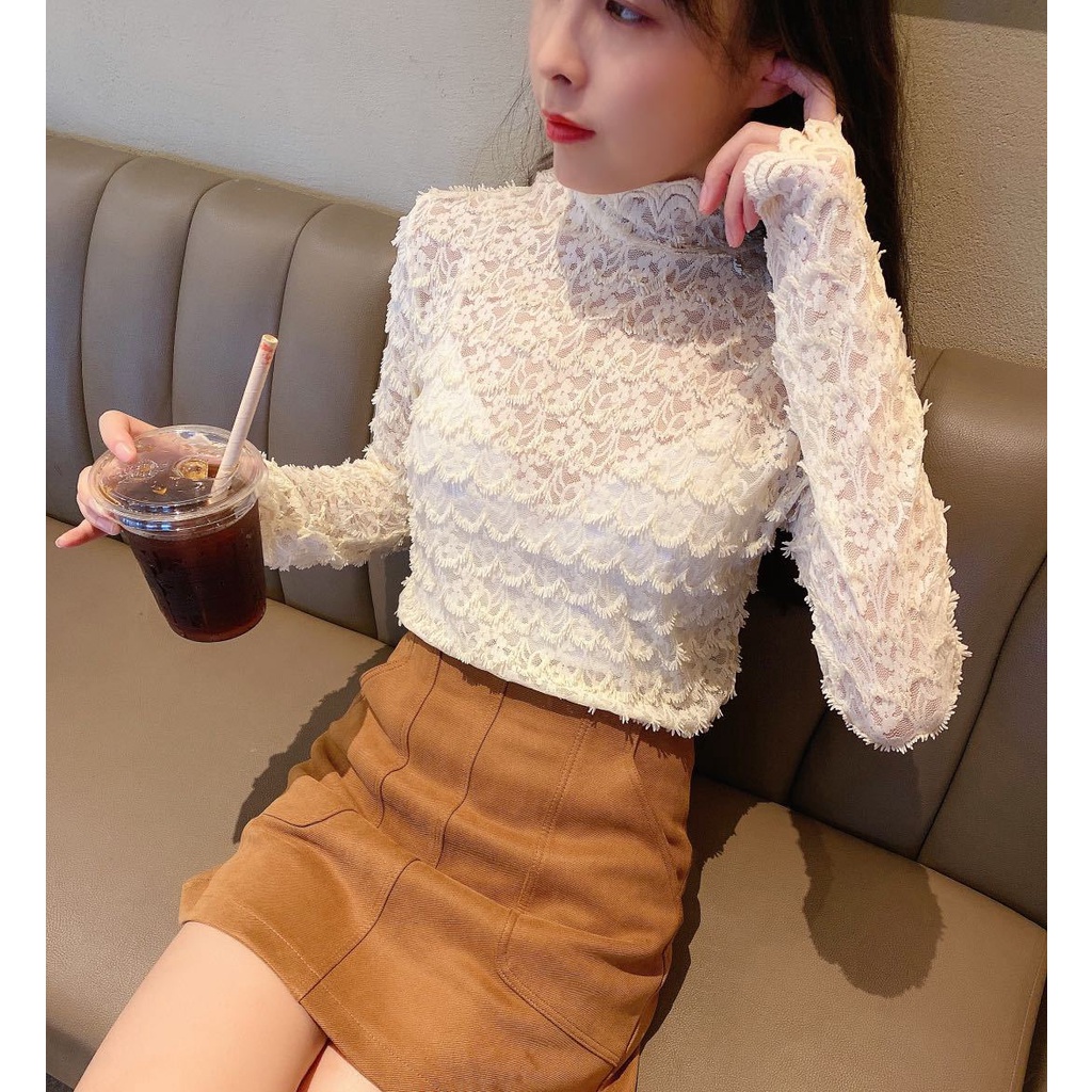Áo ren tầng nữ dài tay xuyên thấu, áo nữ ren kiểu tay dài dạng áo vảy cá co giãn mềm mịn sexy cho nữ.