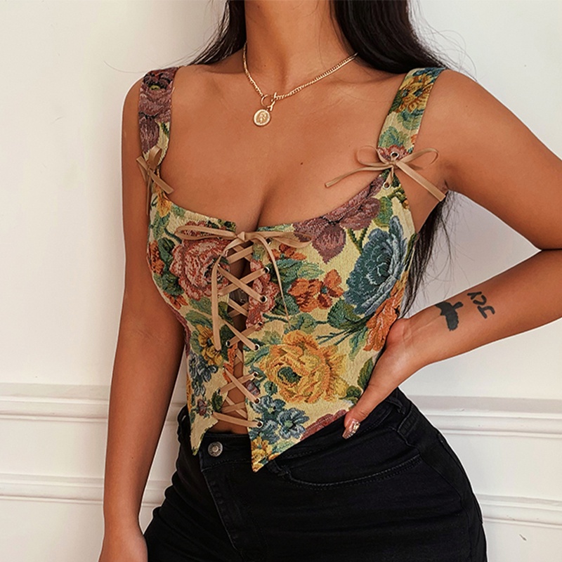 Áo Croptop Sát Nách Chất Chiffon Hoạ Tiết Hoa Thiết Kế Quyến Rũ