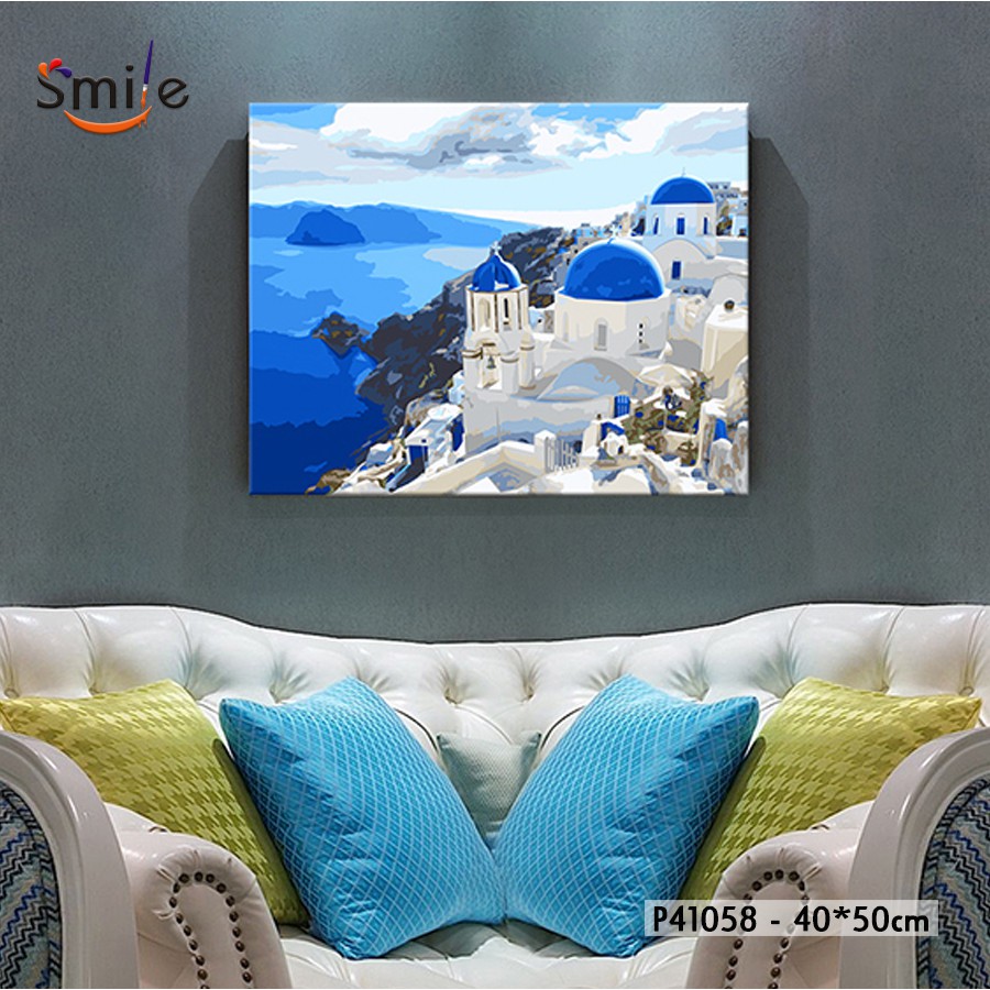 Tranh sơn dầu số hóa tự tô màu Smile FMFP Santorini Phong cảnh Địa Trung Hải P41058