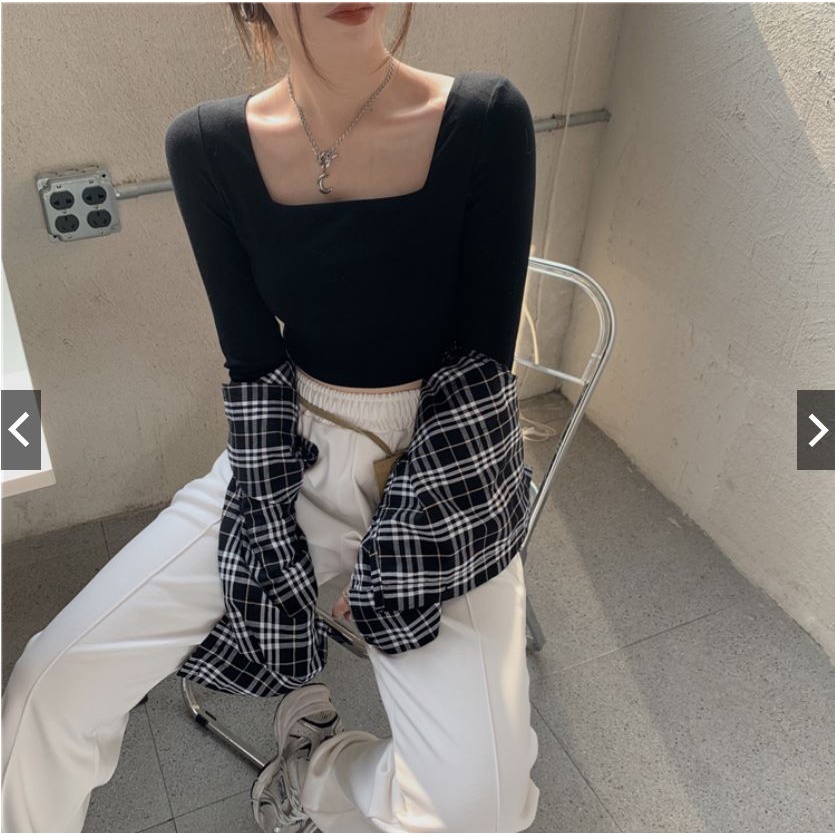 Áo Croptop Nữ Cổ Vuông Tay Dài Chất Cotton Co Dãn,Áo Thun Tay Dài Màu Trơn Dáng Ngắn Kiểu Ôm Sexy