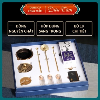 Dụng cụ xông trầm hương bằng đồng nguyên chất có lư xông trầm, bột tro, khuôn tạo hình trầm bột đủ dụng cụ - HỘP VUÔNG