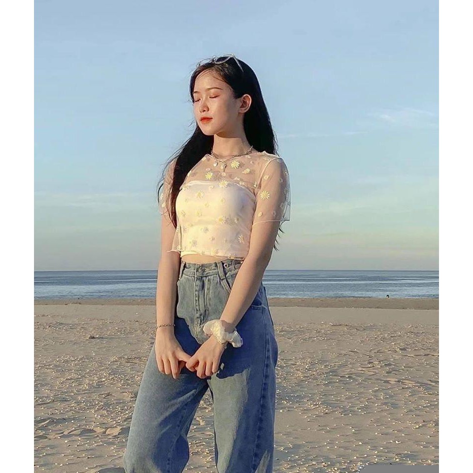 SET 2 MÓN CROPTOP HOA CÚC LƯỚI ❤️ SET ÁO TUBE QUÂY MIX ÁO REN LƯỚI CHIFON HOA CÚC ĐEN TRẮNG