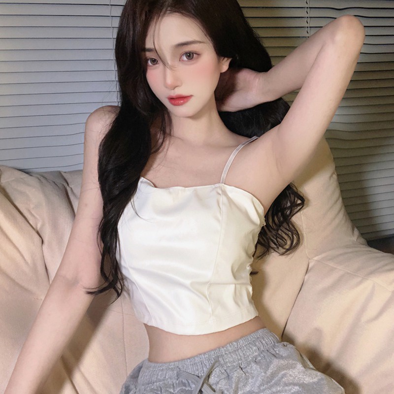 Áo Croptop Sát Nách Chất Liệu Da PU Phong Cách Hàn Quốc Thời Trang Cho Nữ