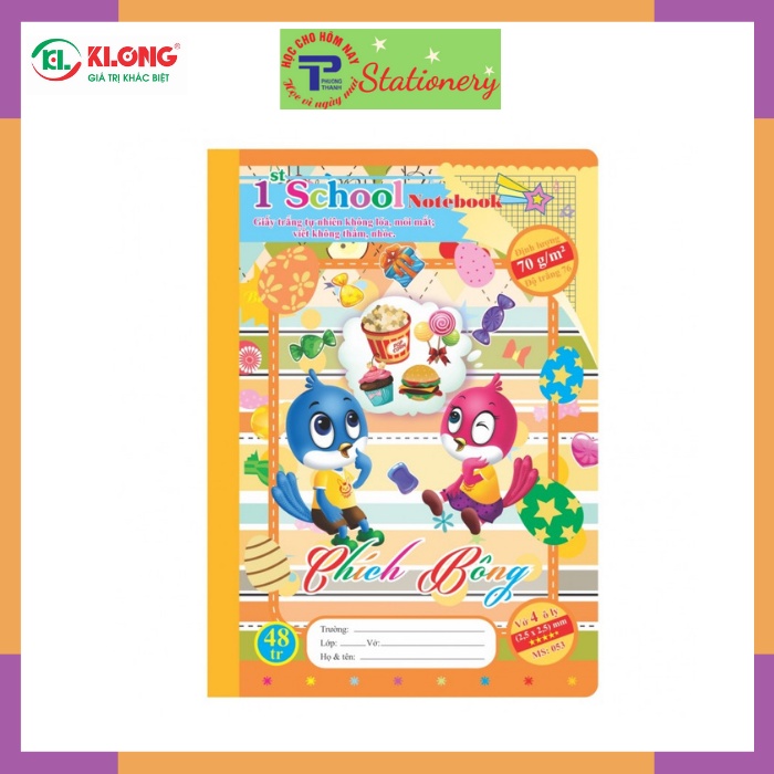 Vở 4 ô ly 48, 80 trang Klong định lượng 70g/m2 bìa hình chích bông, mèo tít, hổ nhi, sóc bi; MS: 053, 054