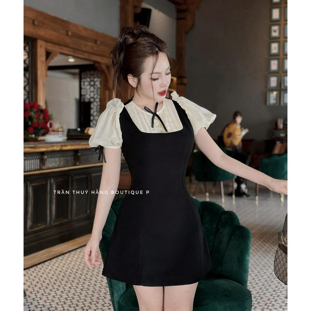 đầm umi chữ A phối voan cổ cột nơ đính nút