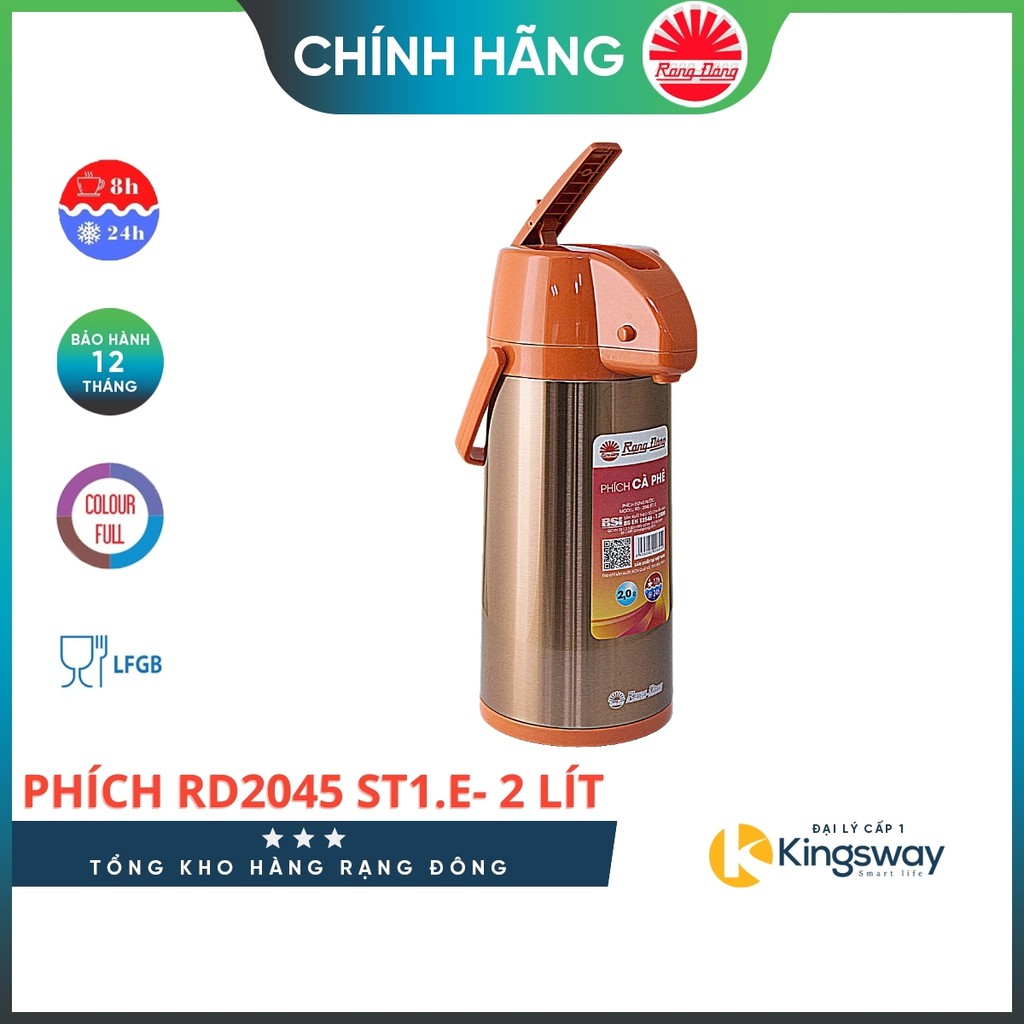 Phích Nước Rạng Đông dung tích 2 Lít Phích Giữ Nhiệt Dạng Cần Bơm,Thân Inox Cao Cấp, Đế Xoay 360 Model RD 2045 ST1E