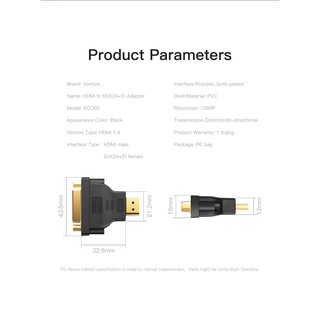 [HDMI to DVI 24+5] Đầu chuyển HDMI sang DVI Vention ECCB0