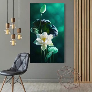 Tranh canvas treo tường hoa sen trắng trang nhã khổ dọc LIN497 - 40 x 70 cm