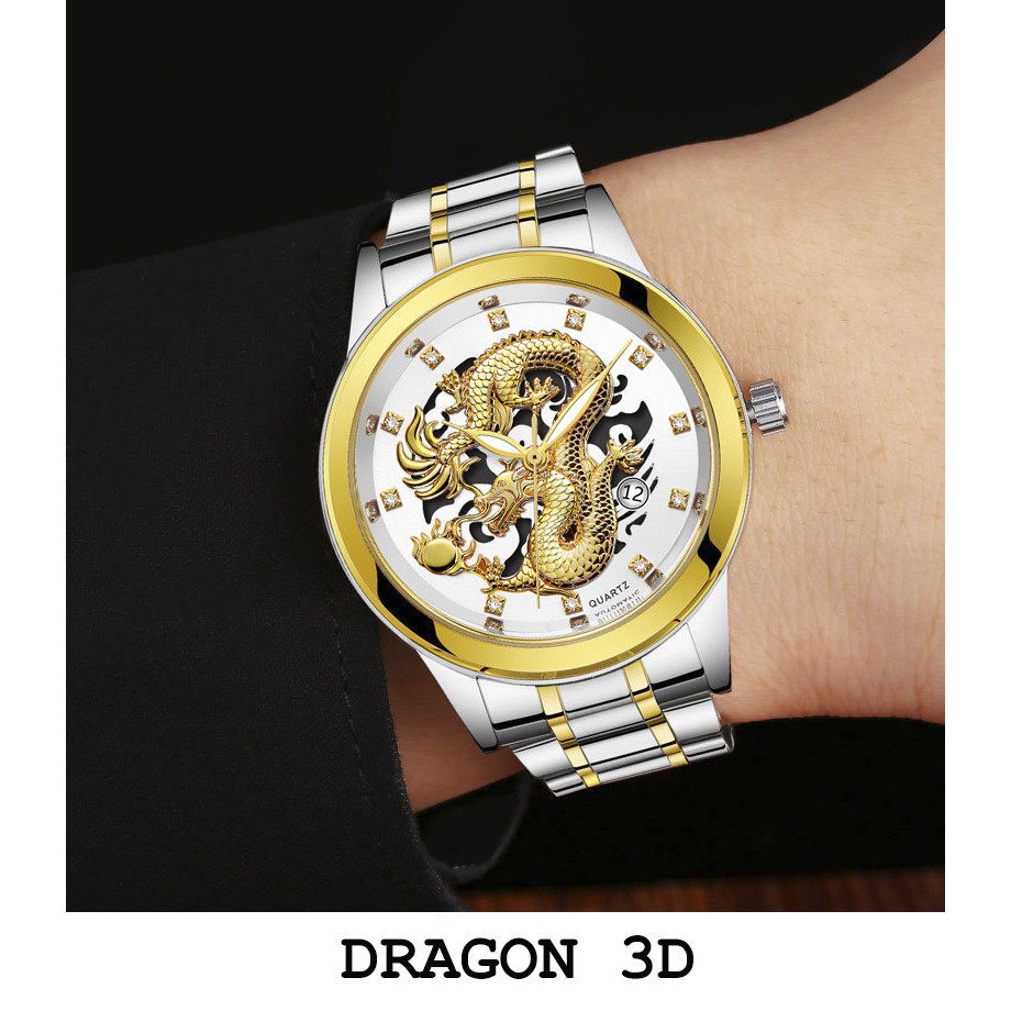 Đồng hồ nam DRAGON 3D nổi bật lịch ngày dây thép sang trọng